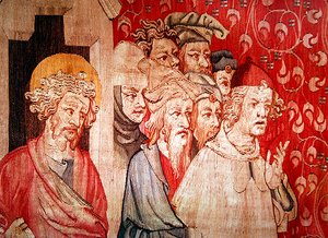 Detalj av menn som lytter til engelen som forutsier deres tortur, fra "The Apocalypse of Angers", 1373-87 av Nicolas Bataille