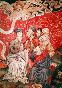 Detalj av engelen som bringer evangeliet til mennene, nr. 49 fra The Apocalypse of Angers, 1373-87 av Nicolas Bataille