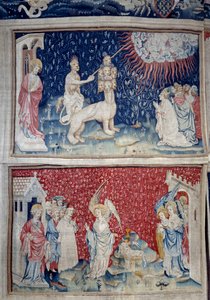 Henging av åpenbaring (1373-1383), n. 44: Jordens Bete får ild til å falle ned fra himmelen. Nedenfor, n. 51, den tredje engel og lammet. Tapestry av Nicolas Bataille (1330-1405) av Nicolas Bataille