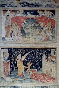 Henging av åpenbaring (1373-1383), n. 47: Lammet på Sions berg. Nedenfor, n. 55, engelen plukker opp vintreet på jorden, som strømmet inn i det store karet av Guds vrede, karet renner over og blodet gjenoppstår. Tapestry av Nicolas Bataille (1330-1405) av Nicolas Bataille