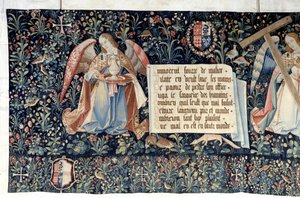 Hanging of the Revelation (1373-1383), engler som bærer lidenskapens instrumenter. Tapetet av Nicolas Bataille (1330-1405) av Nicolas Bataille