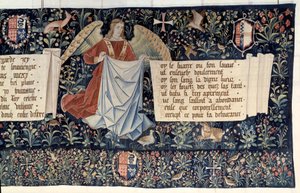 Hanging of the Revelation (1373-1383), engler som bærer lidenskapens instrumenter. Tapetet av Nicolas Bataille (1330-1405) av Nicolas Bataille