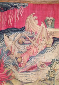 The Second Trumpet and the Shipwreck, detalj av de synkende skipene, nummer 21 fra The Apocalypse of Angers, 1373-87 billedvev av Nicolas Bataille