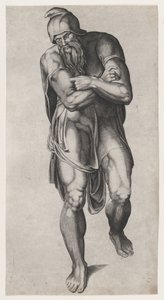 Joseph av Arimathea, etter Michelangelos korsfestelsesfreskomaleri i Cappella Paolina, V..., 1540-66. av Nicolas Beatrizet