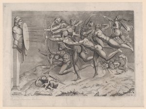 Nakne bueskyttere som skyter mot et mål festet til en herm, Amor sover under, mulig..., ca. 1540-60.
