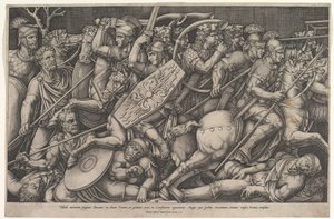 Romerske soldater som kjemper mot daciere, kampscene på grunt dyp med hester og hor..., 1553. av Nicolas Beatrizet