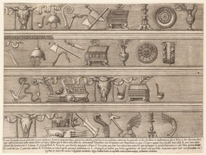 Mirror of Roman Magnificence: Sacrificial Instruments Basert on Ancient Relief Sc..., ca. 1550-75. av Nicolas Beatrizet.