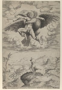 Voldtekten av Ganymedes av Jupiter i skikkelse av en ørn som bærer ham inn i himmelen, hei..., 1542.