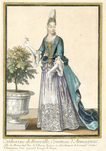 Franske trykk som forplanter fransk mote: Portrett av Catherine de Neuville, grevinne av Armagnac Catherine de Neuville, grevinne av Armagnac, kledd etter fransk mote ca. 1685 av Nicolas Bonnart (fils)