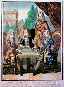 Barnebarna til Ludvig XIV (1638-1715), Ludvig hertug av Burgund (d. 1712), Philippe, hertug av Anjou (1683-1746), og Charles, hertug av Berry med deres far, Ludvig (d. 1711), delfin fra Frankrike, spiller tric trac (Trictrac eller Trictrac: stamfar til bac
