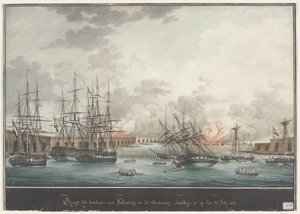 Utsikt over batteriene for Palembang etter seieren på ettermiddagen - 12t. den 24. juli 1821 (tittel på objekt) av Nicolas Cammillieri