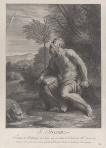 Sankt Hieronymus sitter ved et tre og ser opp på et krusifiks, en løve som drikker vann fra en str..., 1728 av Nicolas Chateau