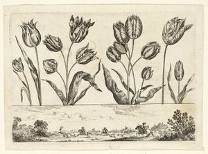 Blomster og jaktscene, fra Livre Nouveau de Fleurs... av Nicolas Cochin