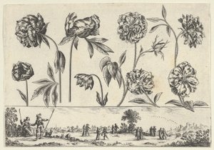 Horisontalt panel med en rad med blomster over en frise med figurer i et landskap, fra Li..., 1645. av Nicolas Cochin