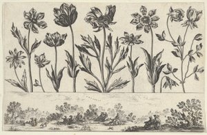 Horisontalt panel med en rad med blomster over en frise med figurer i et landskap, fra Li..., 1645.