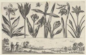 Horisontalt panel med en rad med blomster over en frise med figurer i et landskap, fra Li..., 1645. av Nicolas Cochin