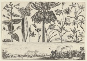 Horisontalt panel med en rad med blomster over en frise med en kampscene i et landskap, ..., 1645.