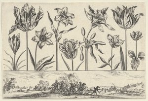 Horisontalt panel med en rad med blomster over en frise med en kampscene i et landskap, ..., 1645. av Nicolas Cochin