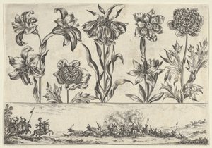 Horisontalt panel med en rad med blomster over en frise med en kampscene i et landskap, ..., 1645. av Nicolas Cochin