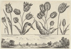 Horisontalt panel med en rad med blomster over en frise med en jaktscene i et landskap,..., 1645. av Nicolas Cochin