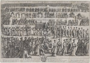 Prosesjonen av St. Genevieves kiste, med geistlige og lekmenn som marsjerte i seks rader..., 1652.