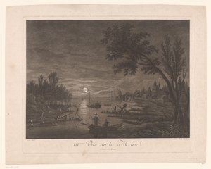 Nattutsikt over Maas med fiskere III.ème Vue sur la Meuse. (tittel på objekt) av Nicolas Dufour