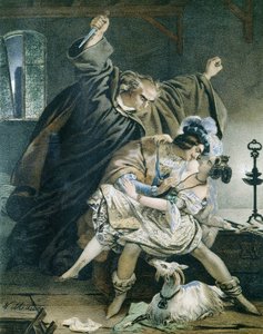 Esmeralda, Phoebus and claude Frollo (Notre Dame de Paris) by Victor Hugo.Illustration by Nicolas Eustache Maurin 1799-1850 Private collection.