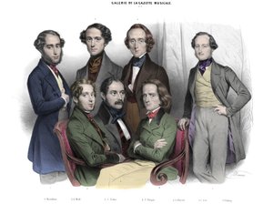 Galerie de la Gazette musicale N. 2. Celebres of 1842: Frederic Chopin (1810-1849) Franz Liszt (1811-1886), Jacob (Jakob, Jacques) Rosenhain, Edouard Wolff, Sigismund Thalberg, Adolf von Henselt, Theodor (Theodore) Dohler (1814-1856). Gravering av Nicolas