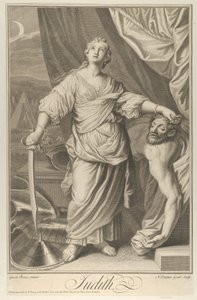 Judith står og ser opp, holder hodet til Holofernes i venstre hånd og..., ca. 1718-61. av Nicolas Gabriel Dupuis