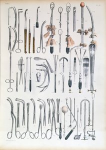 Kirurgiske instrumenter for mandeloperasjoner, tallerken fra 'Traite Complet de l'Anatomie de l'Homme' av Jean-Baptiste Marc Bourgery (1797-1849) 1866-67