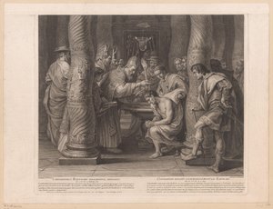 Dåp av keiser Konstantin av pave Silvester I Constantinus baptismo solemniter initiatus / Constantin reçoit solemnelllement le baptème (tittel på objekt) Historie om keiser Konstantin den store (serietittel)