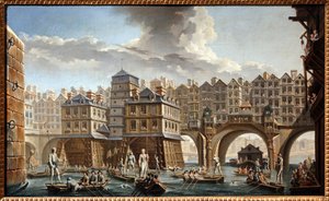 Prammernes dyst, mellom Notre Dame-broen og Pont au Change av Nicolas and Jean Baptiste Raguenet