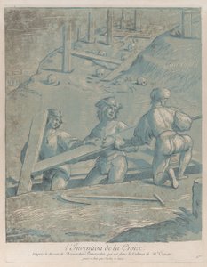 Oppfinnelsen av korset, tre menn som løfter et kors fra en grøft, fra 'Recueil ..., ca. 1729-64. av Nicolas Le Sueur