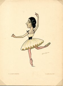Portrett av Tamara Karsavina (1885-1978) Russisk ballerina - Litografi av Nikolai Gustavovich Legat (1869-1937), hentet fra Ballet russe en caricatures