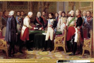 Intervjuet av Erfurt, 27. september - 14. oktober 1808: Napoleon I tok imot Baron Vincent, en østerriksk diplomat og sendt fra keiseren av Østerrike. Midt mellom de to karakterene ser vi Charles Maurice fra Talleyrand Perigord (1754-1838). Smerte