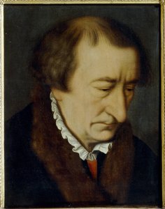 Portrett av Johann Neudorffer den eldre (1497-1563) (Portrett av J. Neudorffer den eldre). Mesterskribent forfatter av samlingen Fundament (1519, Nürnberg), den eldste håndboken for trykt skrift. Maleri av Nicolas Neufchatel (cirka 1527-cirka 1590), olje p