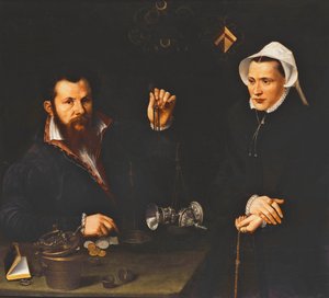 Portrett av en Essai-mester og hans kone, halvlang, ca. 1561-7