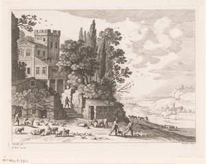Landskap med hus, figurer og storfe av Nicolas Perelle