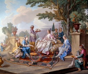 Lunsj til Sultanus. Maleri på mykt porselen av Nicolas Pierre Pithou Le Jeune (1700-tallet) 1783 Dim. 0,39x0,49 m Sevres, keramisk sitat - The breakfast of the Sultana. Mykpasta porselensmaleri av Nicolas Pierre Pithou The Younger (1700-tallet) av Nicolas Pierre the Younger Pithou