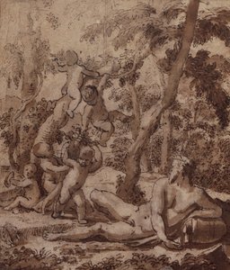 Et skogkledd landskap med en elvegud og Putti (penn og blekk) av Nicolas Poussin