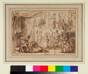 Antikk offer i et tempel (penn og brunt blekk og brunt vask over rødt kritt) av Nicolas Poussin