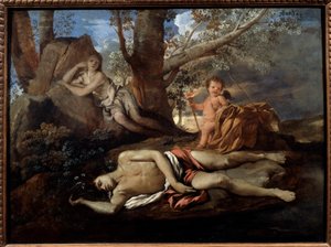 Ekko og Narcissus-illustrasjon for legenden som inspirerte Ovide i "" Les Metamorphoses"" Maleri av Nicolas Poussin (1594-1665) 1600-tallets Søn. 0,74x1 m Paris, av Nicolas Poussin