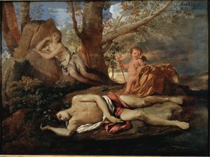 Ekko og Narcissus illustrasjon for legenden som inspirerte Ovide i "" Les Metamorphoses"" maleri av Nicolas Poussin av Nicolas Poussin