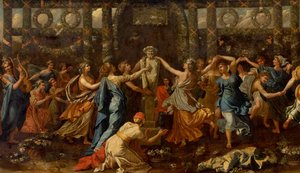 Hymenaios forkledd som kvinne under et offer til Priapus, ca. 1635 (olje på lerret) (detalj) av Nicolas Poussin