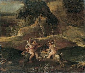 Putti kjemper på geiter av Nicolas Poussin
