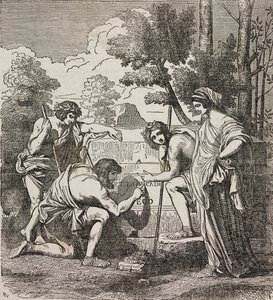 Shepherds of Arcadia, etter maleri av Nicolas Poussin, illustrasjon fra Universal Theatre, Encyclopedic and scenographic collection, nr. 512, 4. mai av Nicolas Poussin