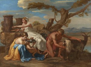 Spedbarnet Jupiter oppfostret av geiten Amalthea av Nicolas Poussin