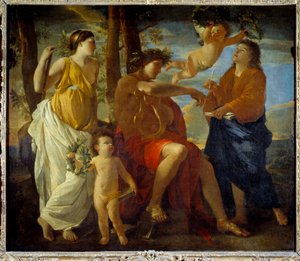 Inspirasjonen til poeten Un poete, en lyre i hånden og hodeplagget til en laurbærkrone, er omgitt av muser og putti. maleri av Nicolas Poussin av Nicolas Poussin