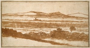Utsikt over en dal mot fjerne åser (pensel og rødbrun vask, på off-white papir, lagt ned på et hvitt kortfeste) av Nicolas Poussin