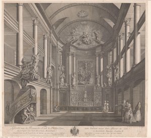 Interiør i Saint Rosalia-kirken i Rotterdam Utsikt over den romerske kirken i Rotterdam, sett fra innsiden til alteret (tittel på objekt) av Nicolas Ransonnette
